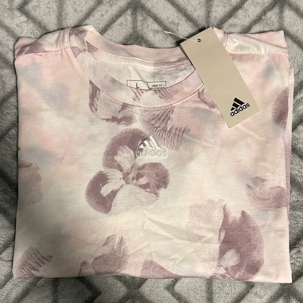 Adidas Women's Pink and White Graphic Tee